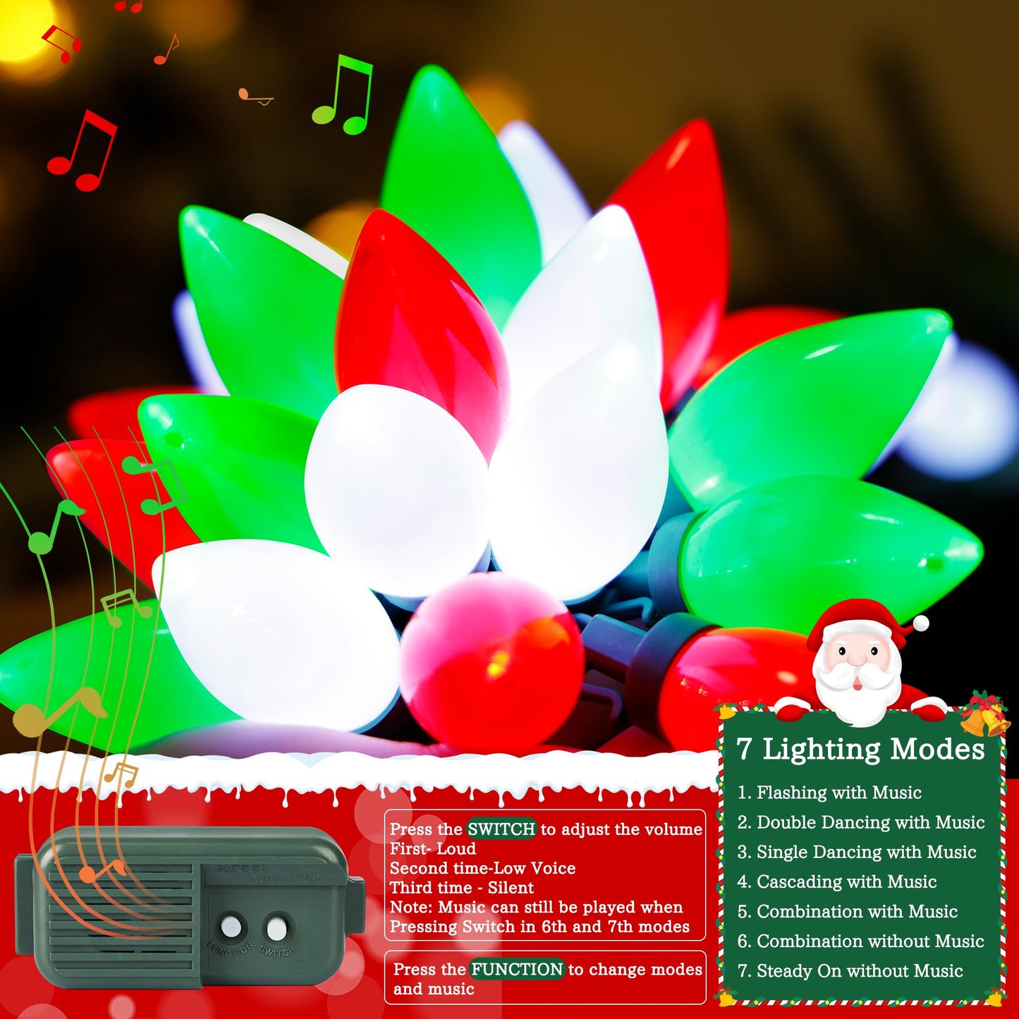 HAYATA Music Christmas Lights 35 LED C9 String Light - Fairy Xmas Decor Lighting for Outdoor, Indoor, Patio, Party, Home, Wreath, Garland, Christmas Tree Decoration. (Red&White&Green)