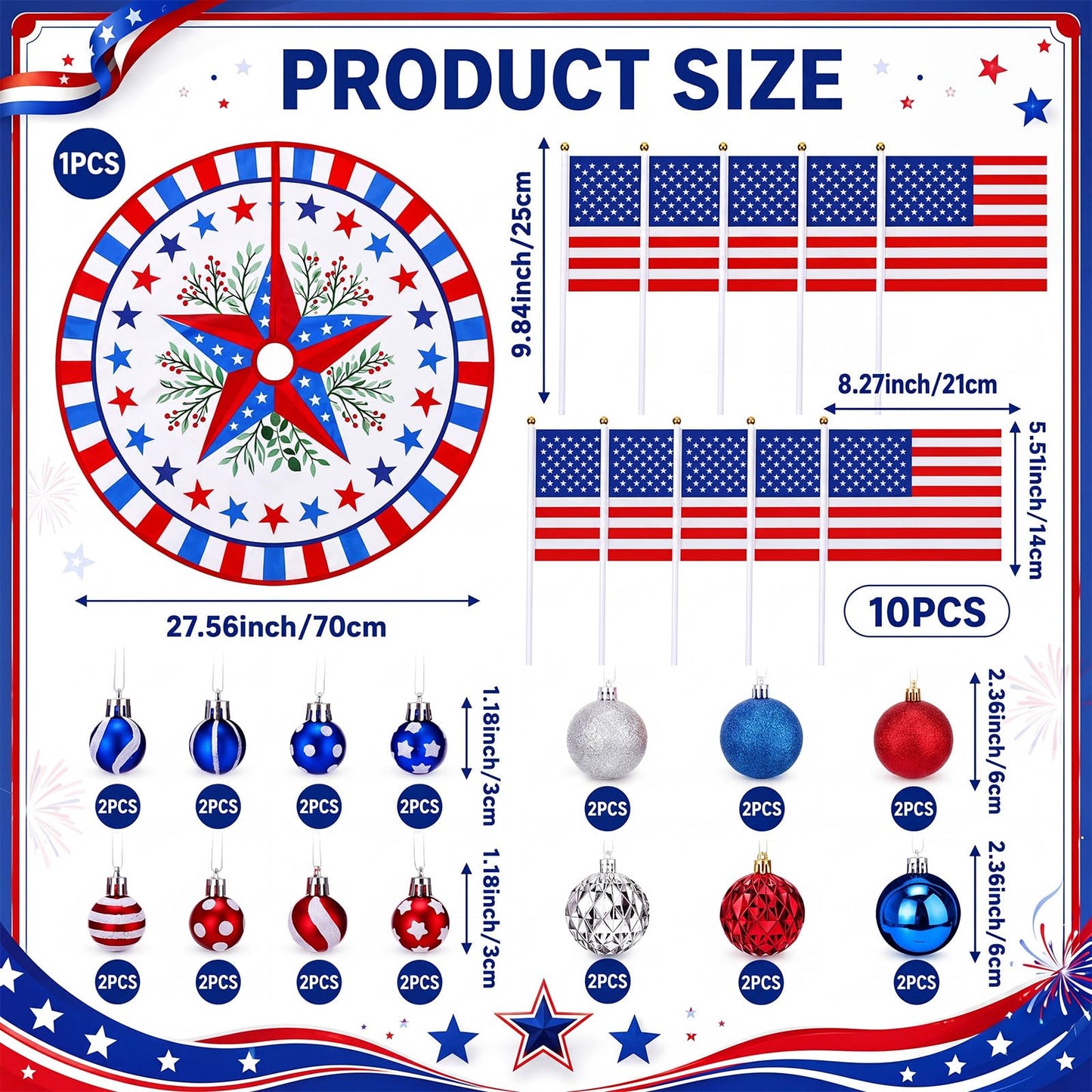 Teyva Daily 90 Pcs 4th of July Tree Decorations Kit, Patriotic Red White Blue Hanging Ornament, Tree Skirt, Topper Hat, Ball, Star Picks, Garland, Mini Flags, Flowers for Independence Day Party Decor