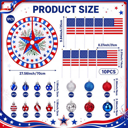 Teyva Daily 90 Pcs 4th of July Tree Decorations Kit, Patriotic Red White Blue Hanging Ornament, Tree Skirt, Topper Hat, Ball, Star Picks, Garland, Mini Flags, Flowers for Independence Day Party Decor