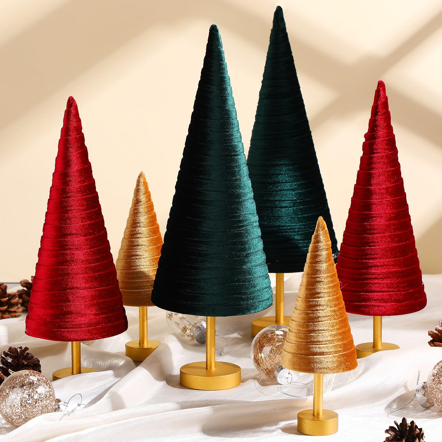 Hoolerry 6 Pcs Christmas Velvet Trees with Gold Pedestal Christmas Velvet Cones Tree Mantel Decor Modern Rustic Winter Home Minimalist for Holiday Entryway Table Wedding Centerpiece(Xmas)