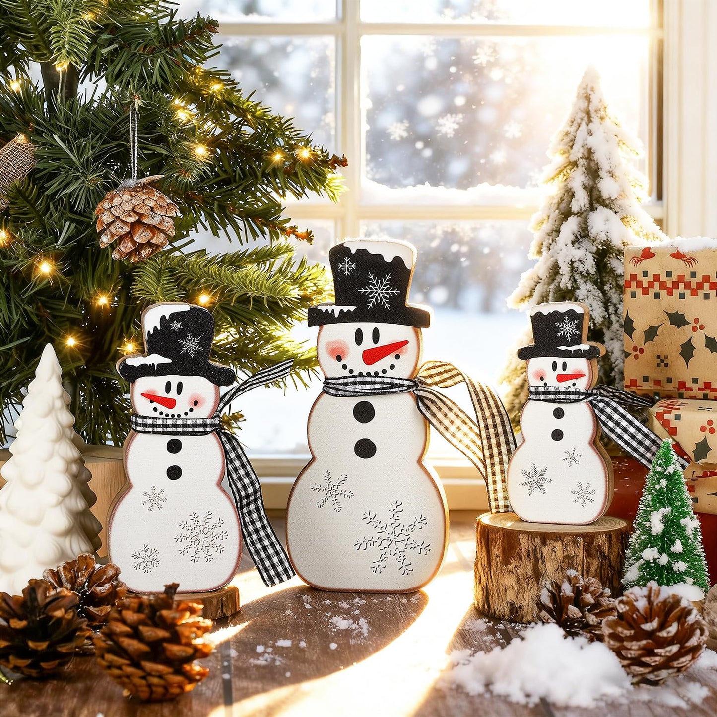 3 Pcs Christmas Snowman Table Decor Wooden Snowman Tables Centerpieces Block Winter Wood Tabletop Sign Rustic Merry Xmas Decorations Indoor for Tiered Tray Office Desk Shelf Home Mantel Holiday Party