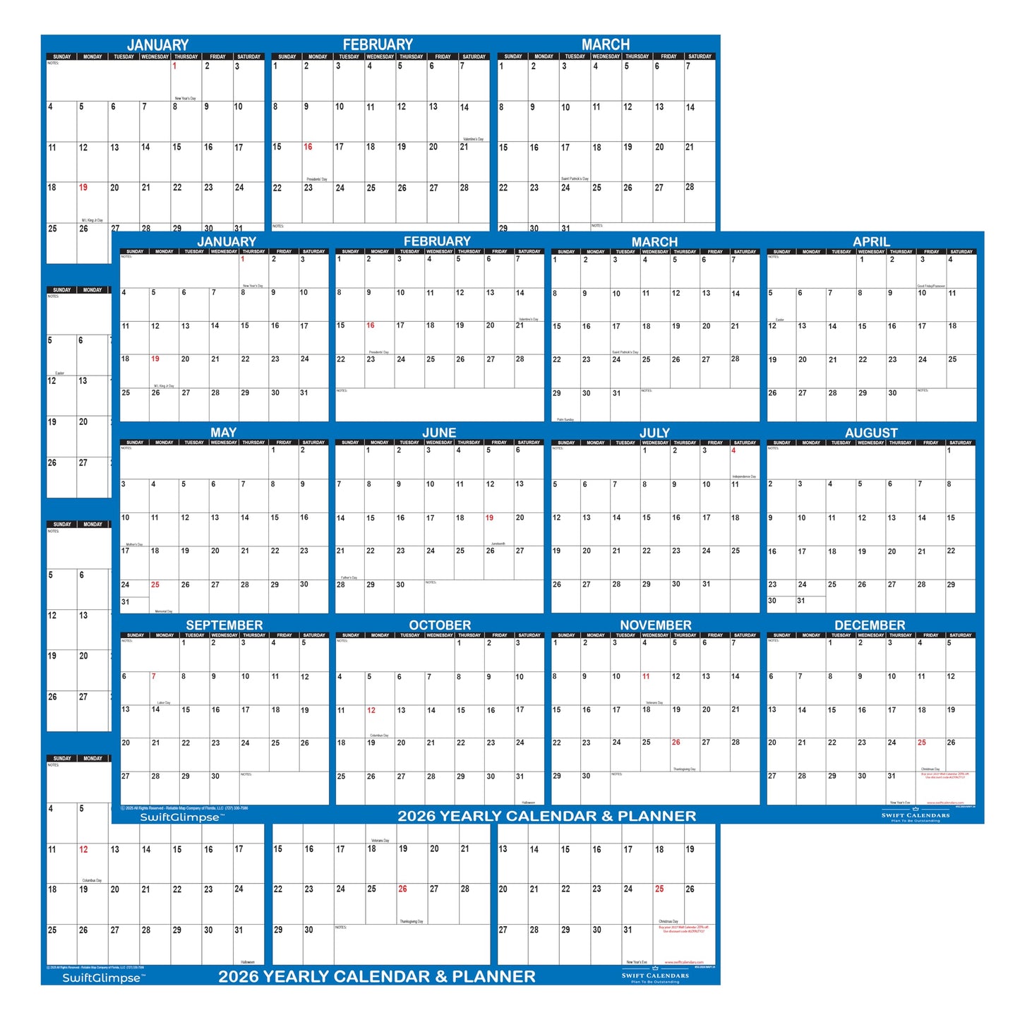 32" x 48" SwiftGlimpse 2026 Wall Calendar Erasable Large XL Wet & Dry Erase Laminated 12 Month Annual Yearly Wall Planner, Reversible, Navy