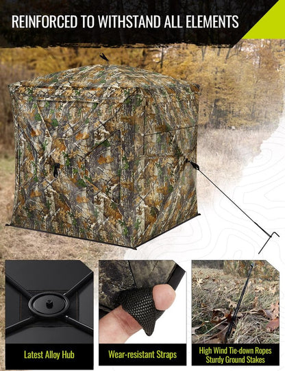 TIDEWE Hunting Blind 270°Full See Through with Windproof Curtain, Silent Magnetic Door & Sliding Windows, 2-3 Person Pop Up Ground Blind with Carrying Bag, 300D Portable Tent (FD Camo Half Seethrough)