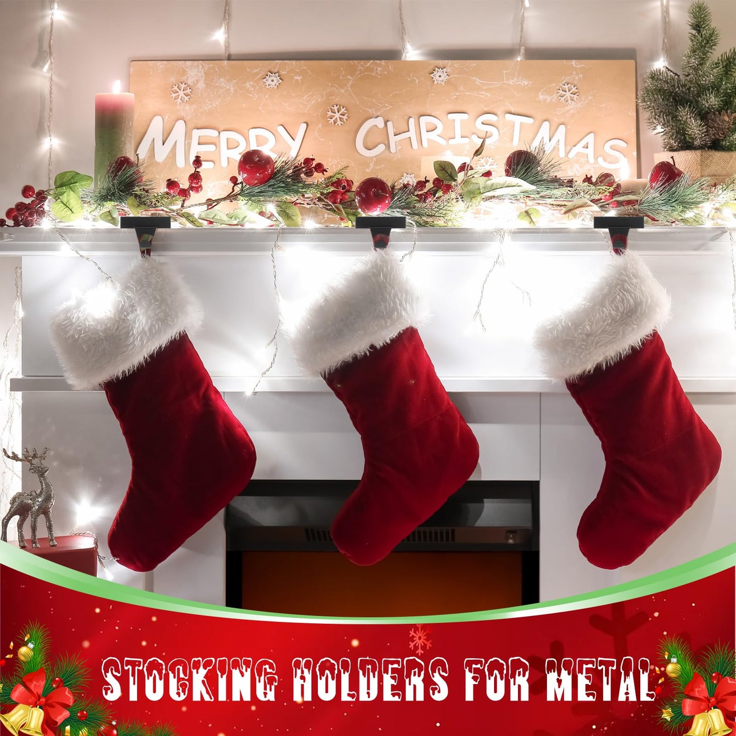 Zonon Christmas Stocking Holders for Mantle Heavy Duty Iron Stocking Hangers Hooks Mantel with Non-Slip Protective Pad, Mantle Garland Hanger for Fireplace Stair Home Shelf Decor (Black,4 Pcs)
