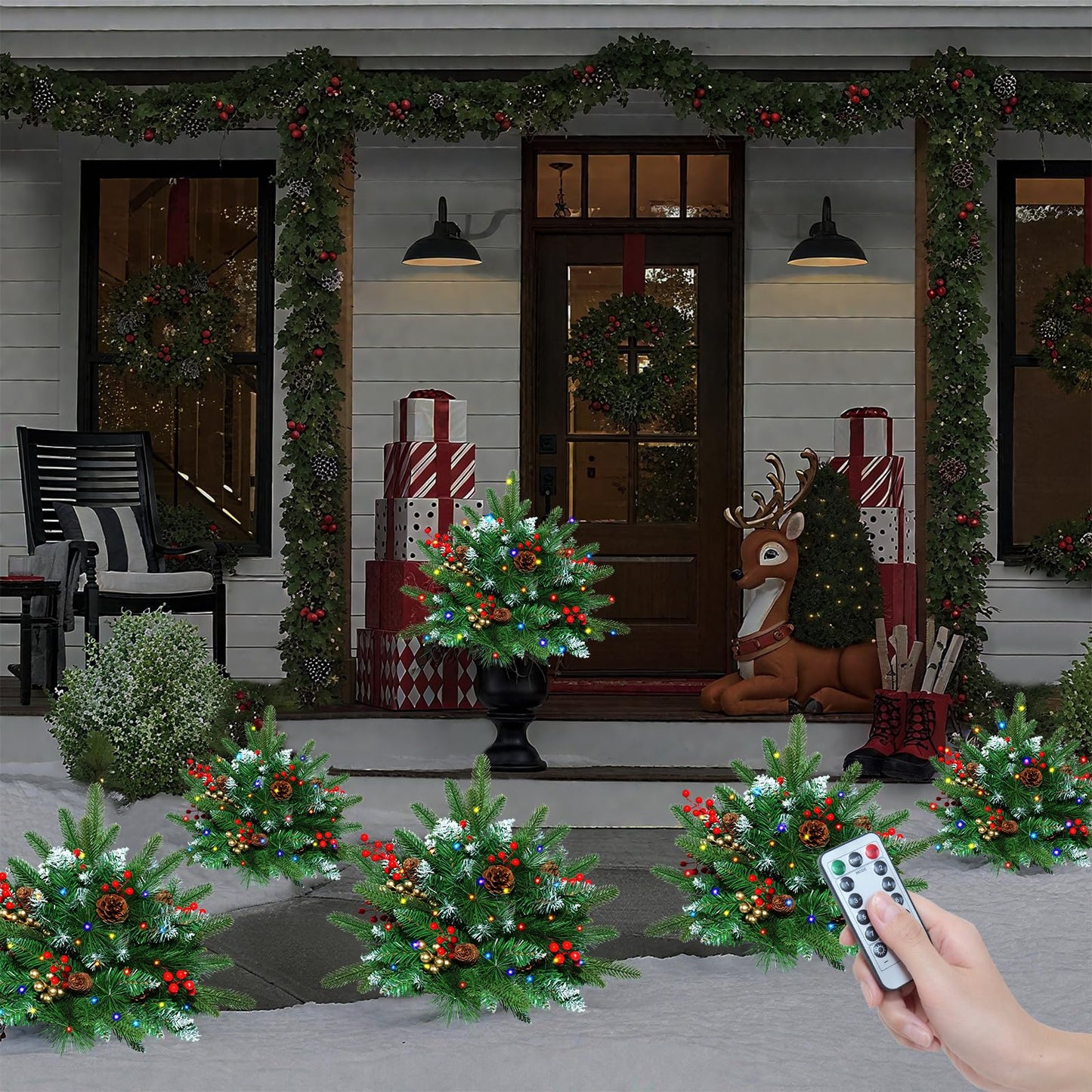 Set of 2 23.6 Inch Lighted Outdoor Christmas Tree Christmas Planter Filler with Remote, 8 Modes, Battery Operated Urn Filler Porch Decorations with Pine Cones, Red Berries for Pathway Yard Home Decor