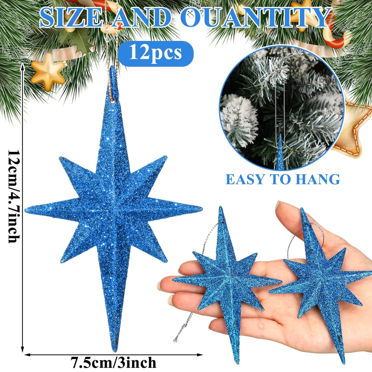 Quzzil 12 Pcs Christmas Bethlehem Star Blue Ornament 4.72 x 2.95 Inch Star of Bethlehem Christmas Tree Topper Glitter Ornament Plastic Nativity Stars Hanging Decor Accessories