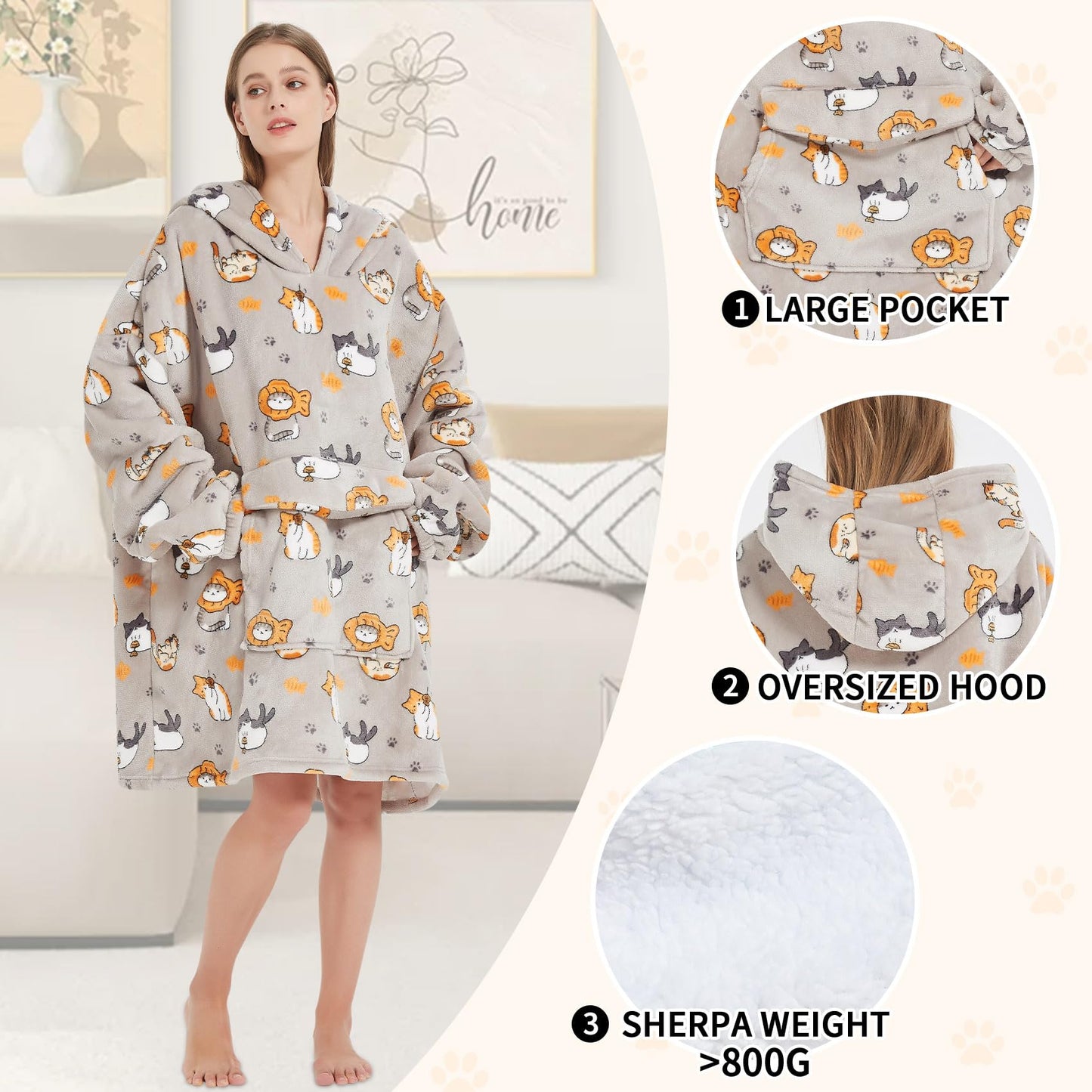 Mewkou Wearable Blanket Hoodie for Adult,Oversized Sherpa Fleece Blanket Hoodie for Women Men,Cat