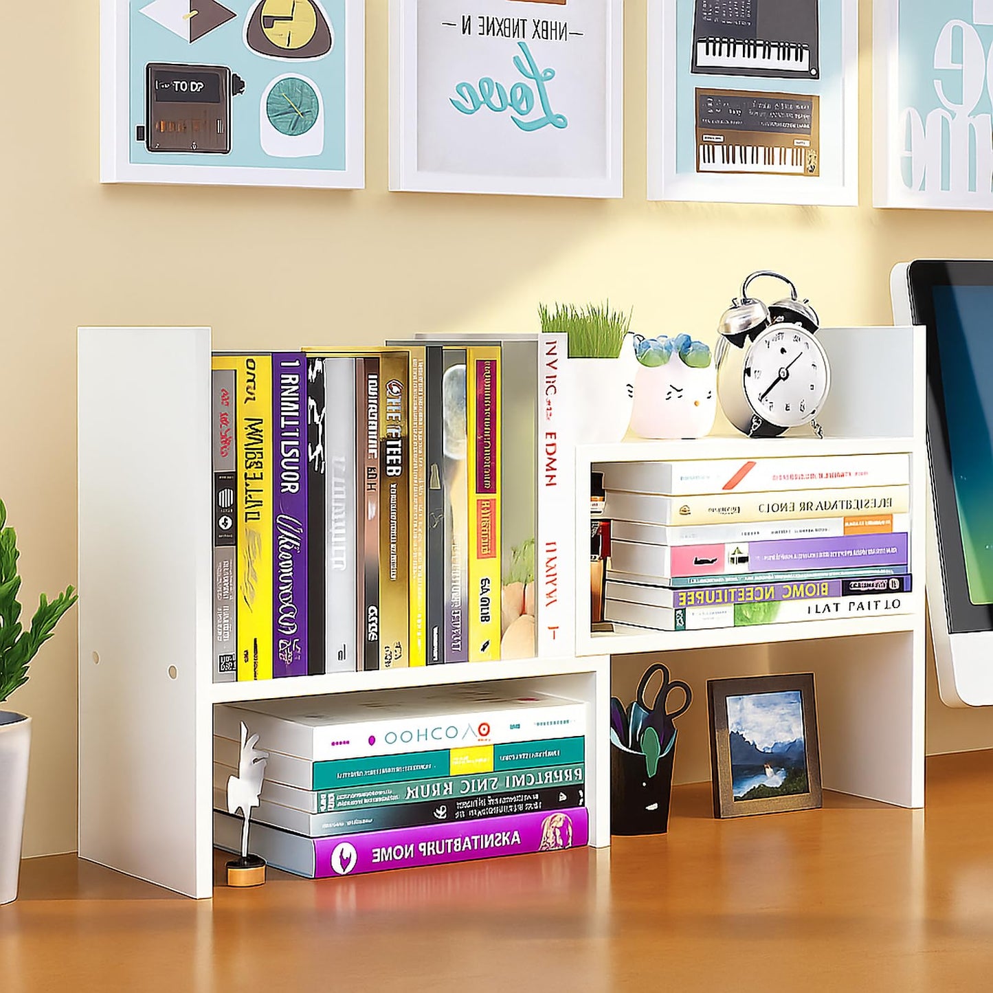 IUSEIT Desktop Shelf Organizer, Adjustable Wood Office Storage Rack, Counter Display Small Bookshelf for Home/Office/School(White)