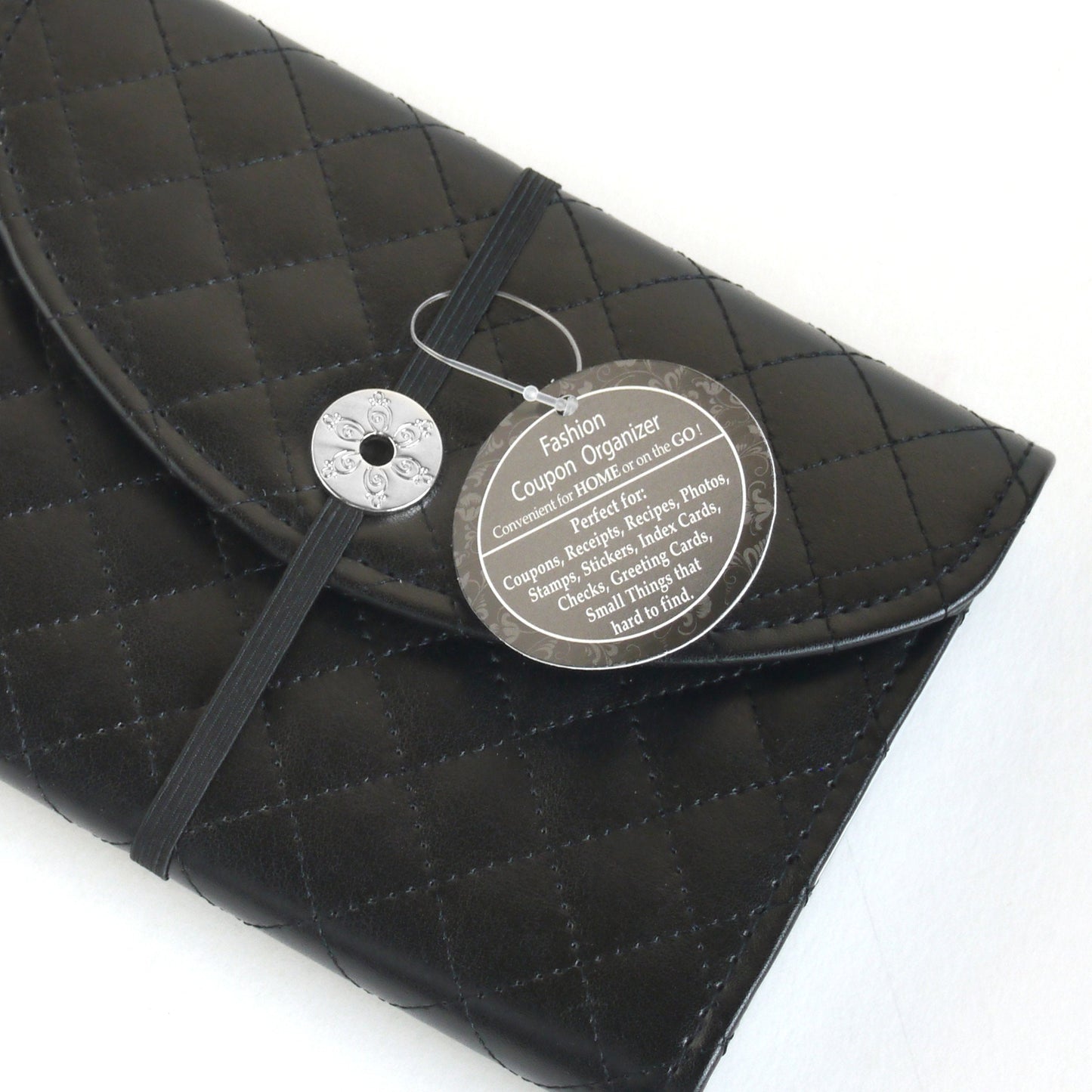 Black Faux Leather 13-Pocket Coupon, Photo, Recipe & Receipt Organizer (Quilted)