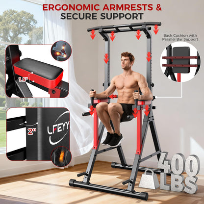 Power Tower Pull Up Bar Free Standing,13-Level Adjustable Height Dip Station with X-Frame Stability, Multi-Grip Handles, Backrest, Home Gym Strength Training Equipment 400LBS