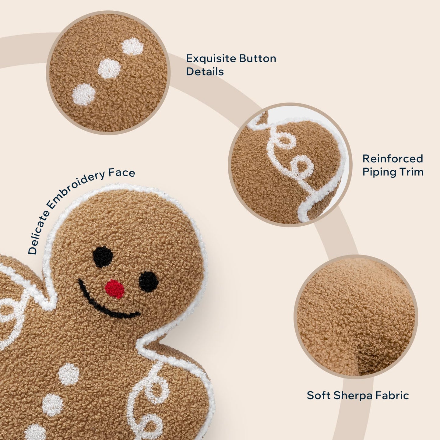 Phantoscope Gingerbread Man Merry Christmas Throw Pillow, Plush Teddy Xmas Gingerbread Shaped Pillows Christmas Decorative Pillow for Couch Living Room Bed, Beige,13 x 17 inches