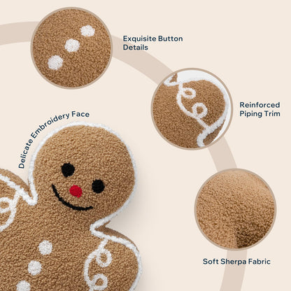 Phantoscope Gingerbread Man Merry Christmas Throw Pillow, Plush Teddy Xmas Gingerbread Shaped Pillows Christmas Decorative Pillow for Couch Living Room Bed, Beige,13 x 17 inches