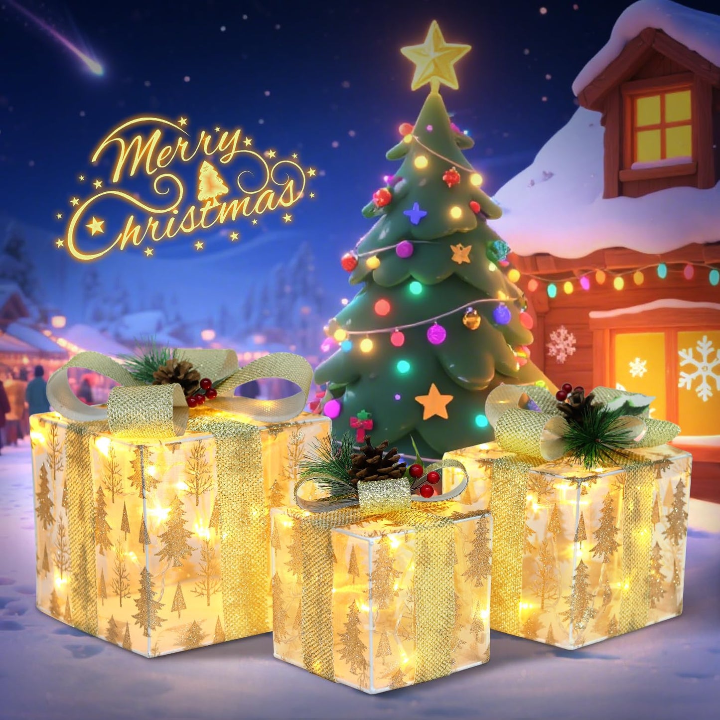 DomKom Set of 3 Nesting Christmas Lighted Gift Boxes - Indoor/Outdoor LED Present Decorations with Metal Frame, Silver Bows & Pinecone Accents - Pre-Lit Holiday Yard & Home Decor