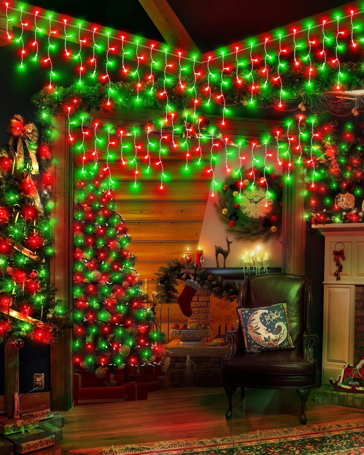 JIXXULVU Christmas Lights Outdoor Red Green, 53 FT 486 LED Christmas Lights for Outside, Timer & Memory, Plug in 8 Modes Hanging Fairy Light with 108 Drops for House Eaves Yard Patio Decorations