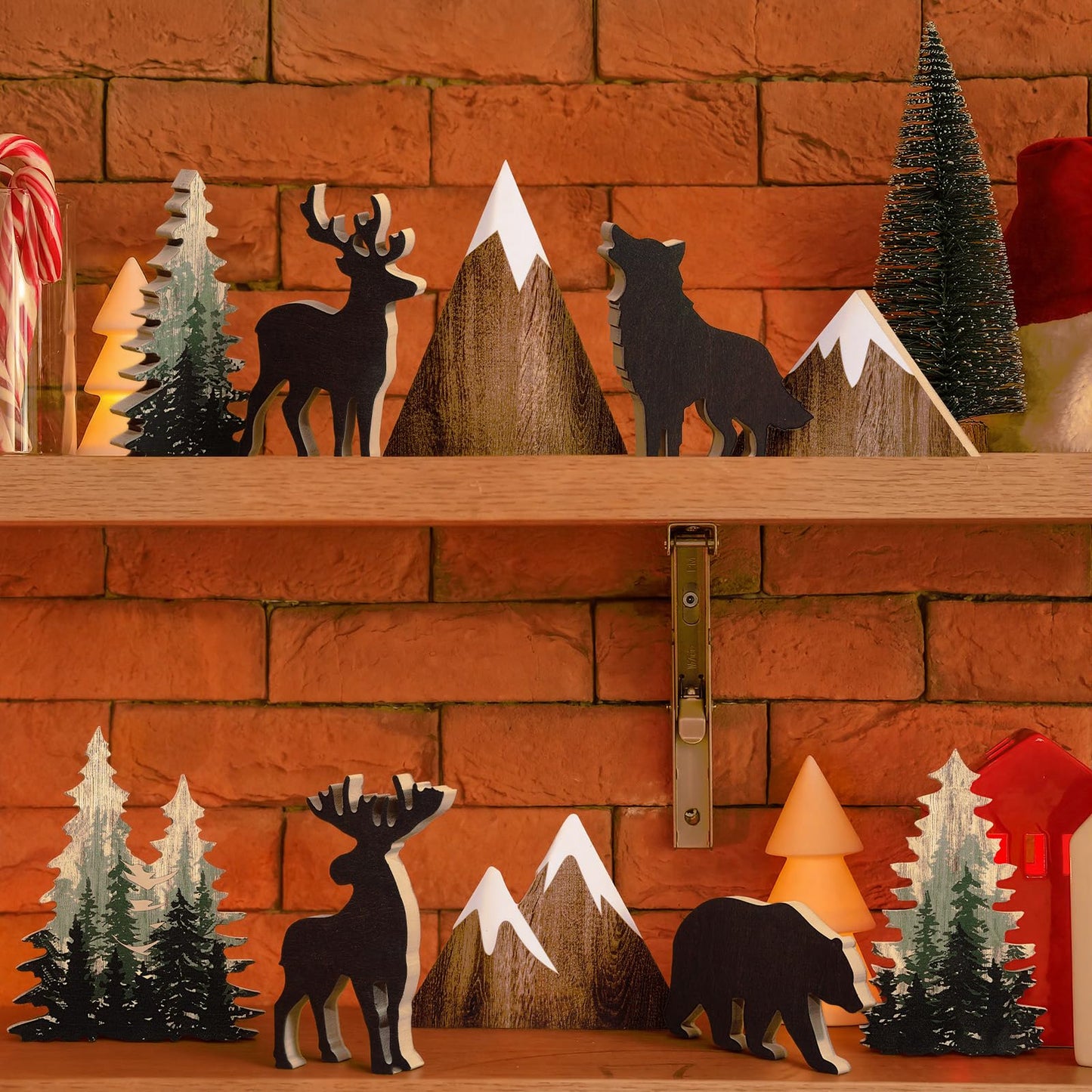 DoubleFill 10 Pcs Cabin Shelf Decor Wooden Forest Animals Bear Mountain Pine Tree Sign Rustic Woodland Decor for Cabin Farmhouse Table Centerpiece Home Office Decoration