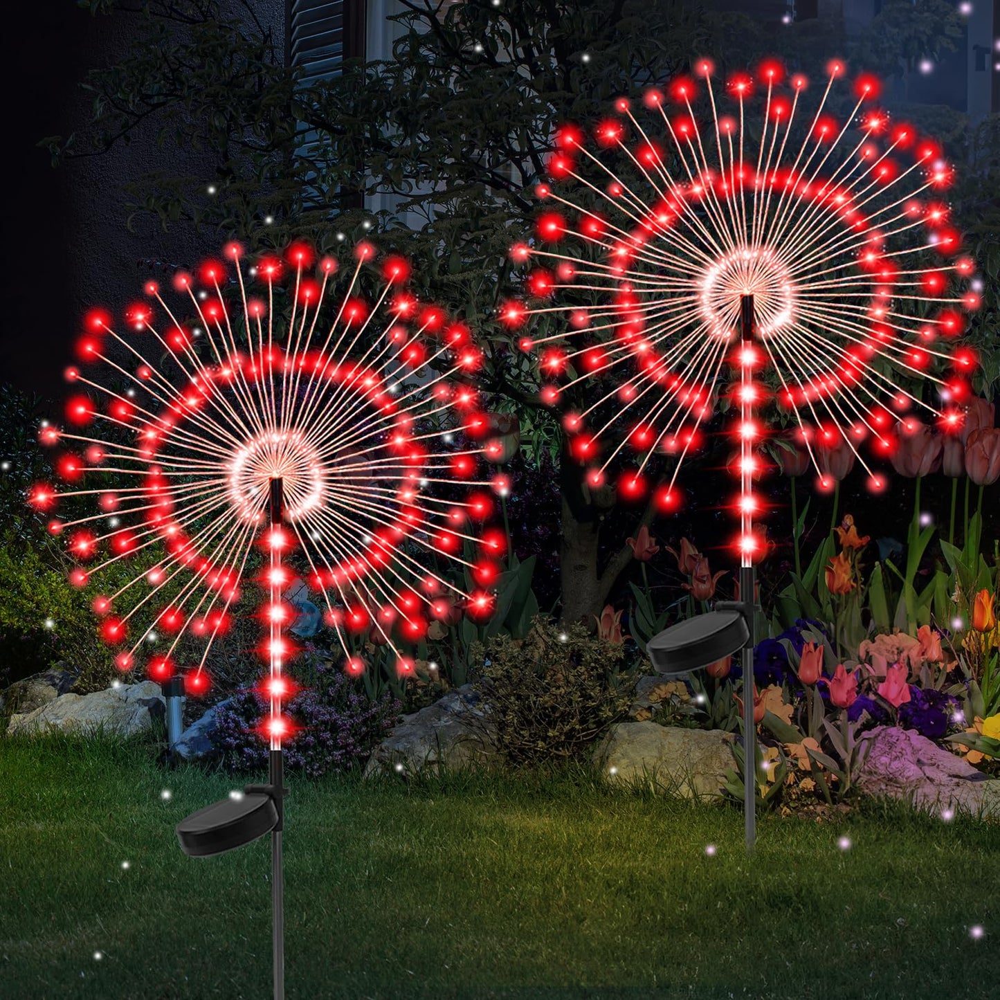 2 Pack 250LED Solar Garden Lights Outdoor, Dual Lighting Modes Firework Lights Solar Powered, Waterproof Twinkle Fairy Light Outside for Yard Patio Pathway Christmas Party Decorative(Red)