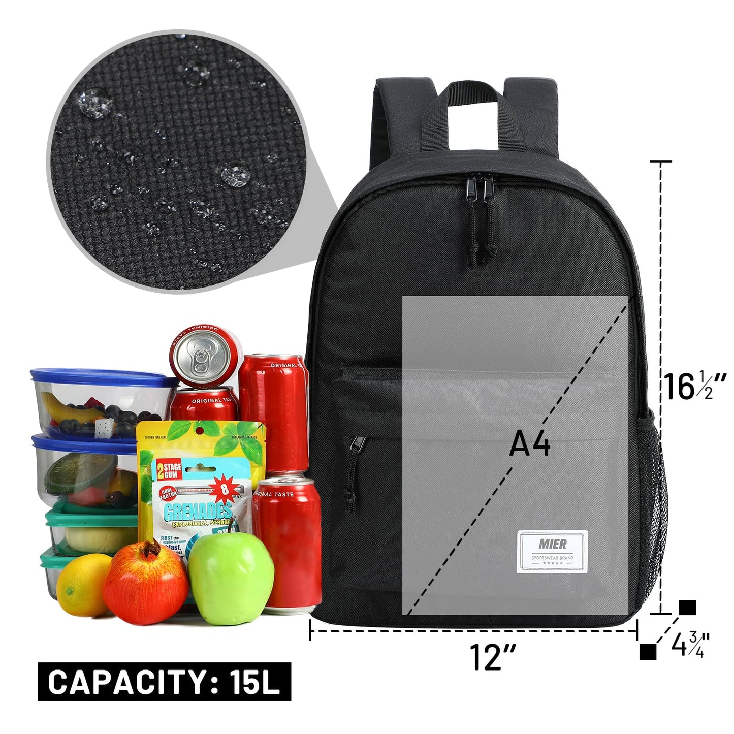MIER Insulated Backpack Cooler Small Leakproof Lunch Back Pack with Coolers Lightweight Cute Lunch Bag for Women Men to Work, Picnics, Camping, Park Day Trips, 15 L, Black