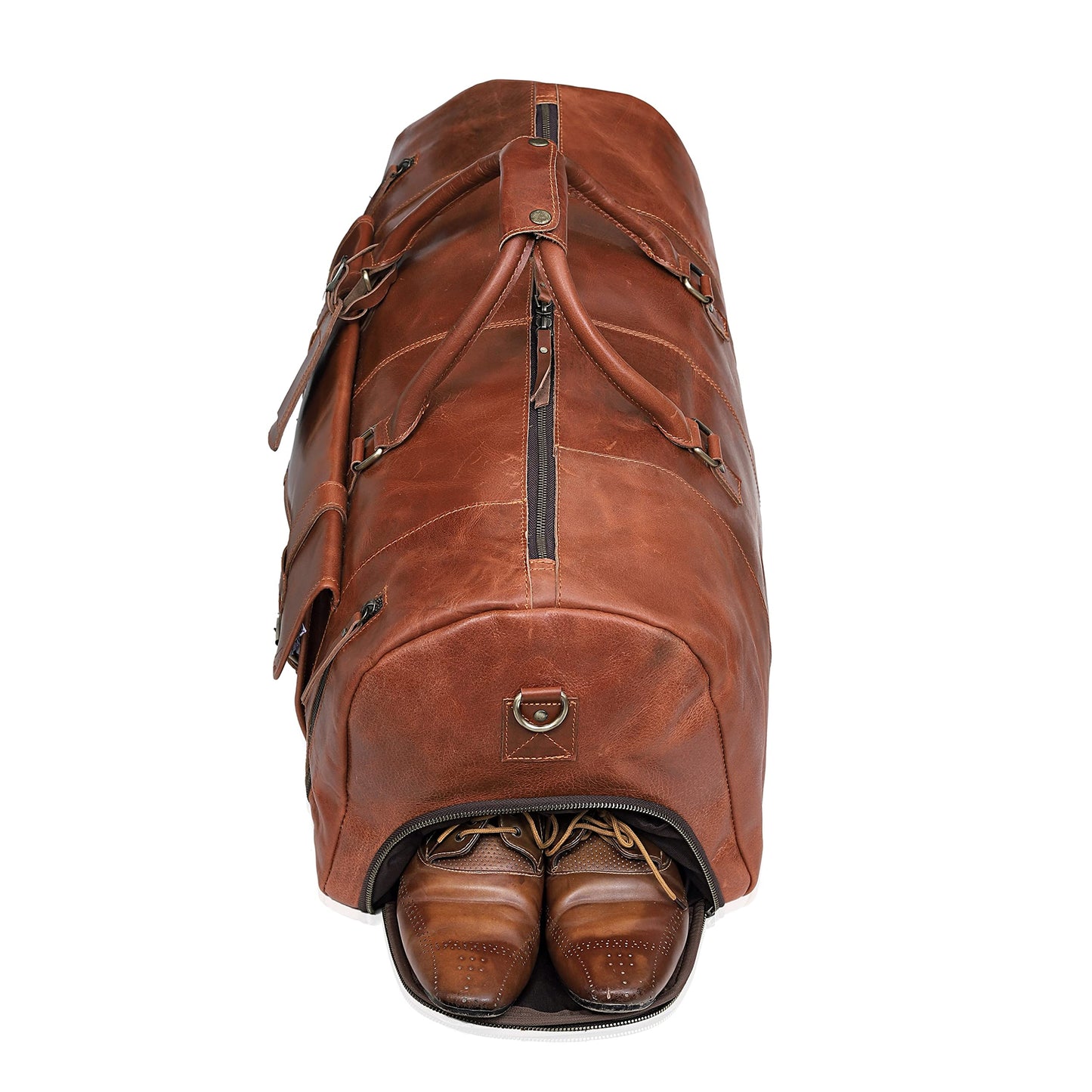 24 Inch Leather Duffle Bags for Men Large Full-Grain Buffalo Leather Overnight Gym Bag, Luggage Weekend Travel Bag for Men & Women, Carry On Airplane Cabin Bag with Shoe Compartment