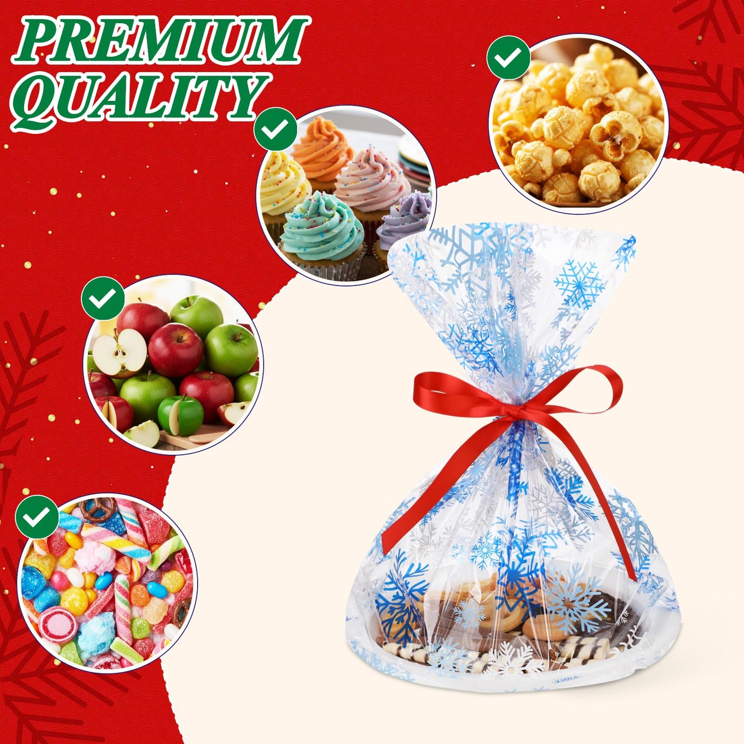 Tenceur 100 Sets Cellophane Cookie Tray Bags with Red Ribbons 15.8" x 19.7" Clear Cellophane Goodie Treat Basket Bags for Gift Giving Xmas Holiday Parties Wrap (Vivid Style)