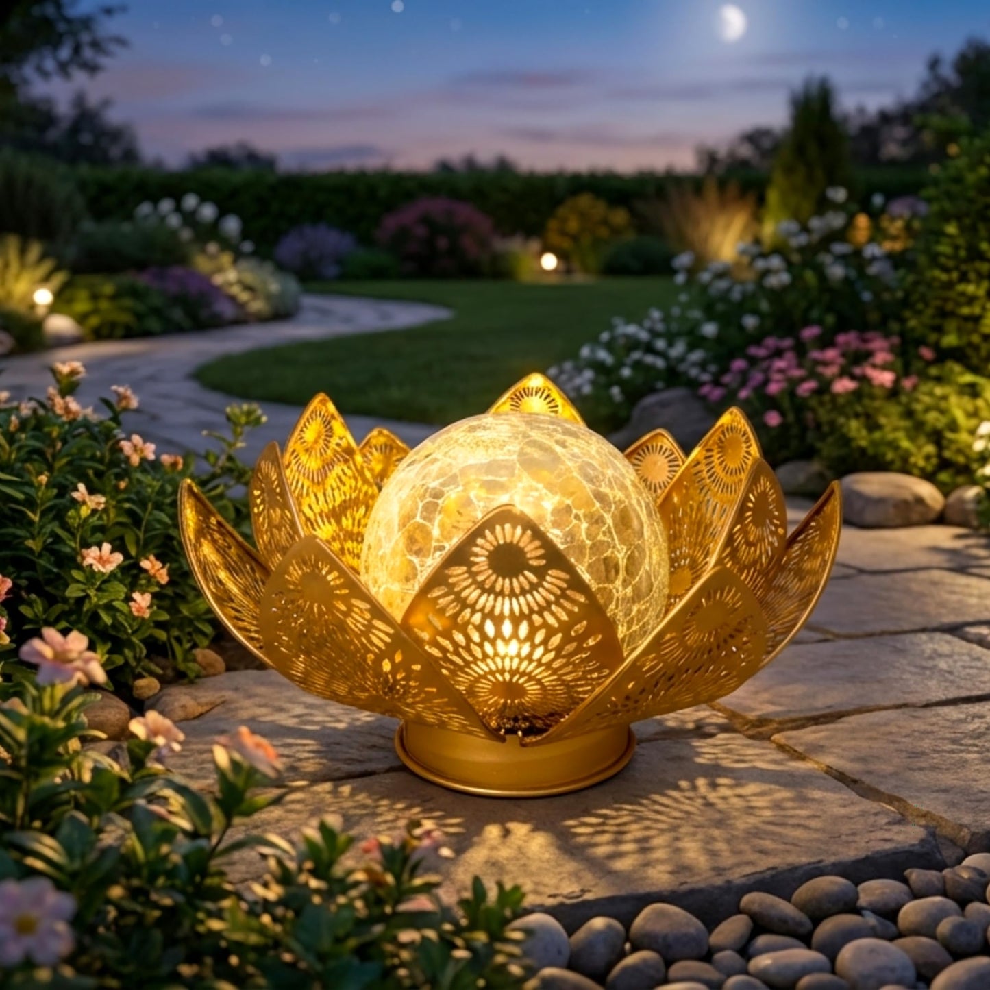 Cubular Solar Lights Outdoor Waterproof IP65 - Lotus Flower Lantern with Crackle Glass & Metal Petals, Garden Decor for Patio, Pathway, Lawn - Auto On/Off Gift for Women, Mom, Housewarming