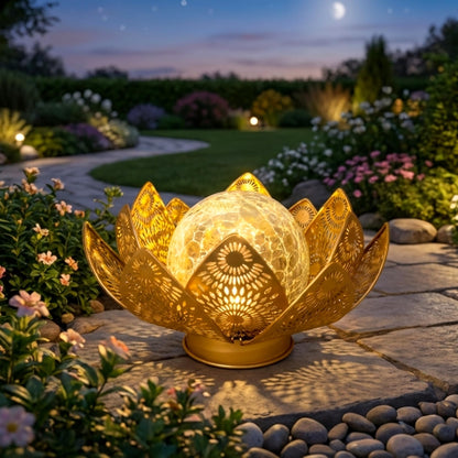 Cubular Solar Lights Outdoor Waterproof IP65 - Lotus Flower Lantern with Crackle Glass & Metal Petals, Garden Decor for Patio, Pathway, Lawn - Auto On/Off Gift for Women, Mom, Housewarming
