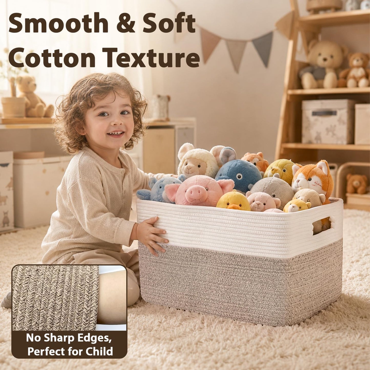 Optish 75L Large Blanket Basket, Woven Storage Baskets with Reinforced Handles, Rope Laundry Basket for Living Room, Bedroom, Nursery, Toys, Clothes,Pillows, 22” x 17” x 11.5”, White & Brown