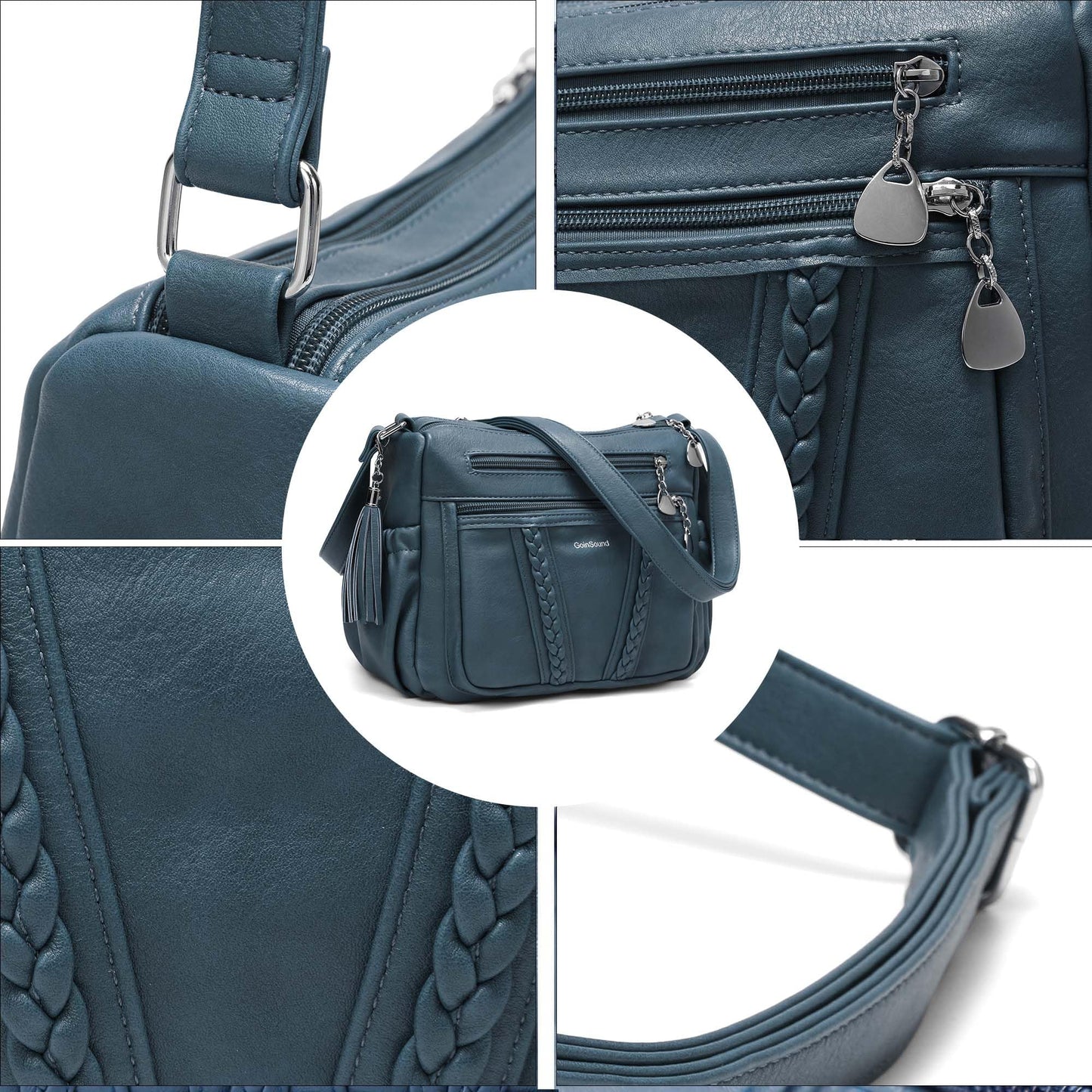 Goinsound Women's Crossbody Bag Soft PU Leather Multi-Pocket Shoulder Bag with Braid & Tassel Detail