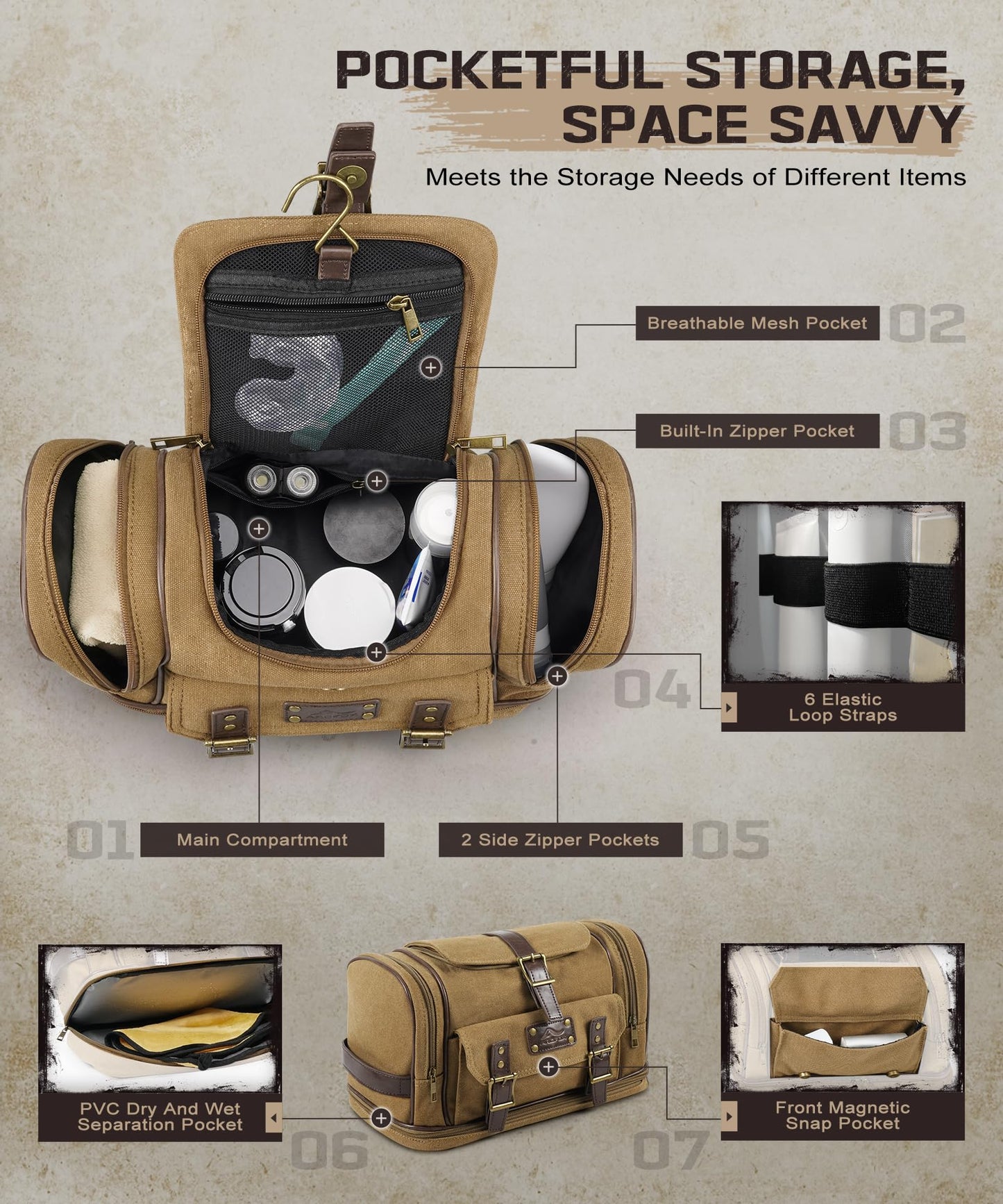 ARCFOX Travel Hanging Toiletry Bag for Men, Vintage Canvas Large Toiletry Bag with 7 Compartments, Camping Gym Travel Toiletry Kit Organizer with PVC Wet & Dry Pockets, Personalized Wash Bag, Brown