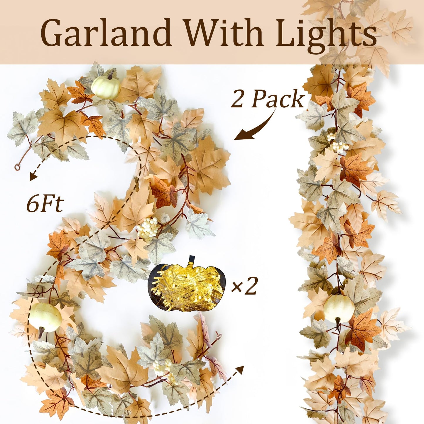 2 Pack Fall Garland Maple Leaf with Lights Fall Decor, 6Ft/Piece Fake Leaves Pumpkin Berry Vine Autumn Foliage Garland for Mantle Fireplace Halloween Thanksgiving Decorations Christmas Home Decor