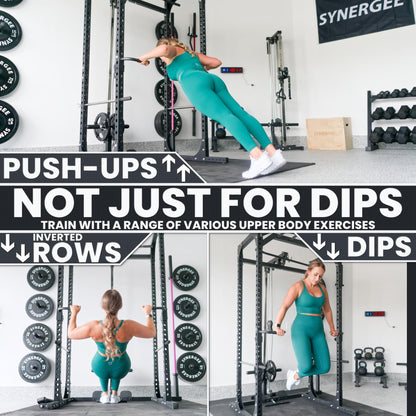 Synergee Dip Handles for 2x3 Power and Squat Racks, Dip Stand Fits Racks with 5/8" Holes. Rack-Mounted Dip Bar Attachment for Dips, Leg Raises, and Knee Tucks.