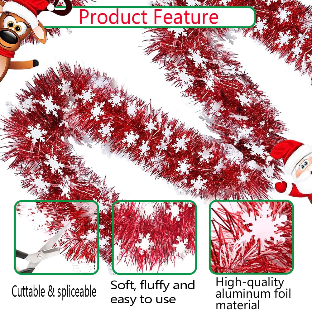 66Ft Christmas Red Tinsel Garland Xmas Tree Decorations Shiny Thick Red with Snowflake Metallic Twist Garland Ceiling Hanging Decor for New Year Party Holiday Indoor Outdoor Supplies