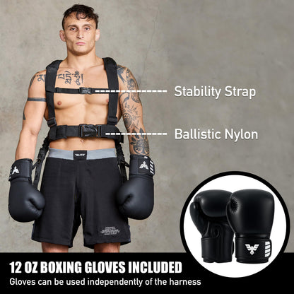 Elite Sports Adult Boxing Harness with 12oz Gloves – Adjustable Resistance Bands (3 Levels), Stability Strap, Padded Back & Shoulder, Ballistic Nylon, Quick-Release Buckle – Training & Workout Gear
