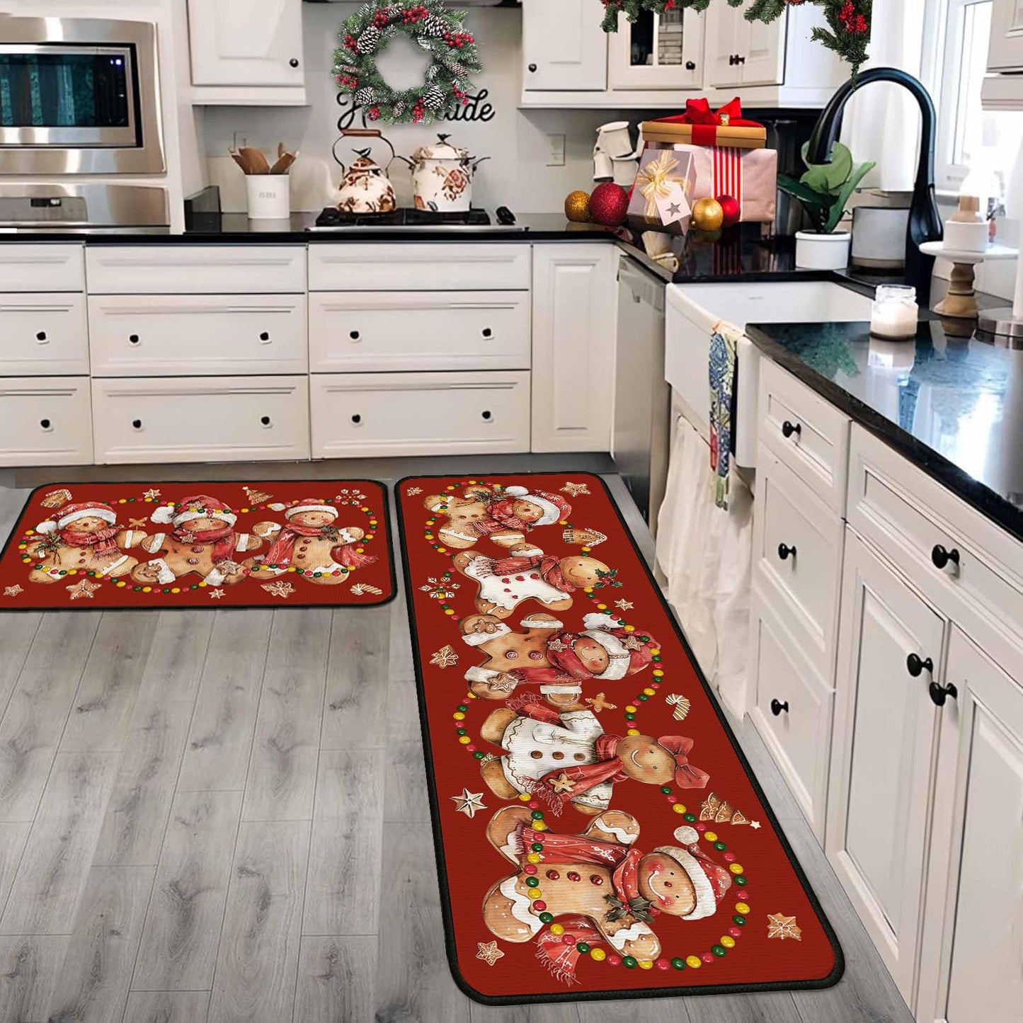 Christmas Kitchen Mats for Floor, Gingerbread Kitchen Rugs Sets of 2,Red Xmas Non-Slip Washable Kitchen Decor Floor Rug Home Decoration Doormat 17"x30"+17"x47"