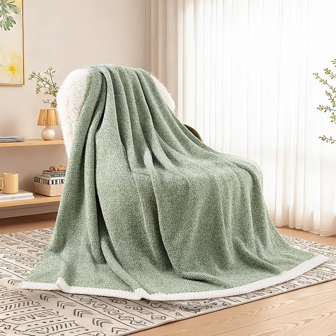 NEXHOME PRO Super Soft Throw Blankets for Couch, Reversible Warm Blankets Cozy Knit Blanket for Women, Fuzzy Plush Lightweight Throws for Sofa, Bed, Picnic, Sage Green White, 50 x 60 inches