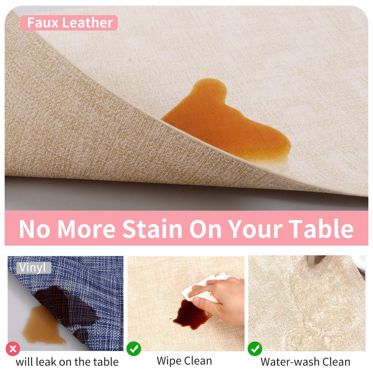 Maxpearl Faux Leather Placemats Set of 6 - Waterproof - Wipe Clean - Heat Resistant - Anti Slip Dining Table Place Mats, Suitable for Indoor & Outdoor Use, 17’’×12’’, Beige