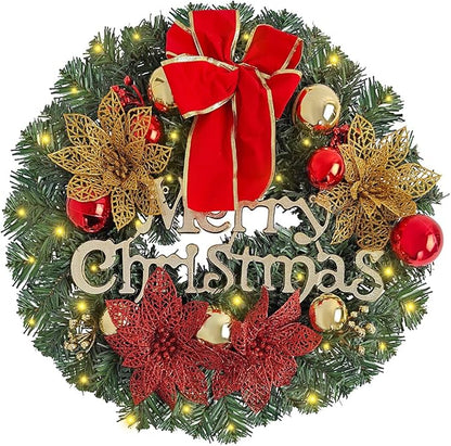 FR Artificial Pre-Lit Fir Christmas Wreath Holiday Accent Decoration, Wintry Pine, Decorated with Pine Cones Berry Clusters Frosted Branches, with LED Lights for Door, Mantel 16 Inch