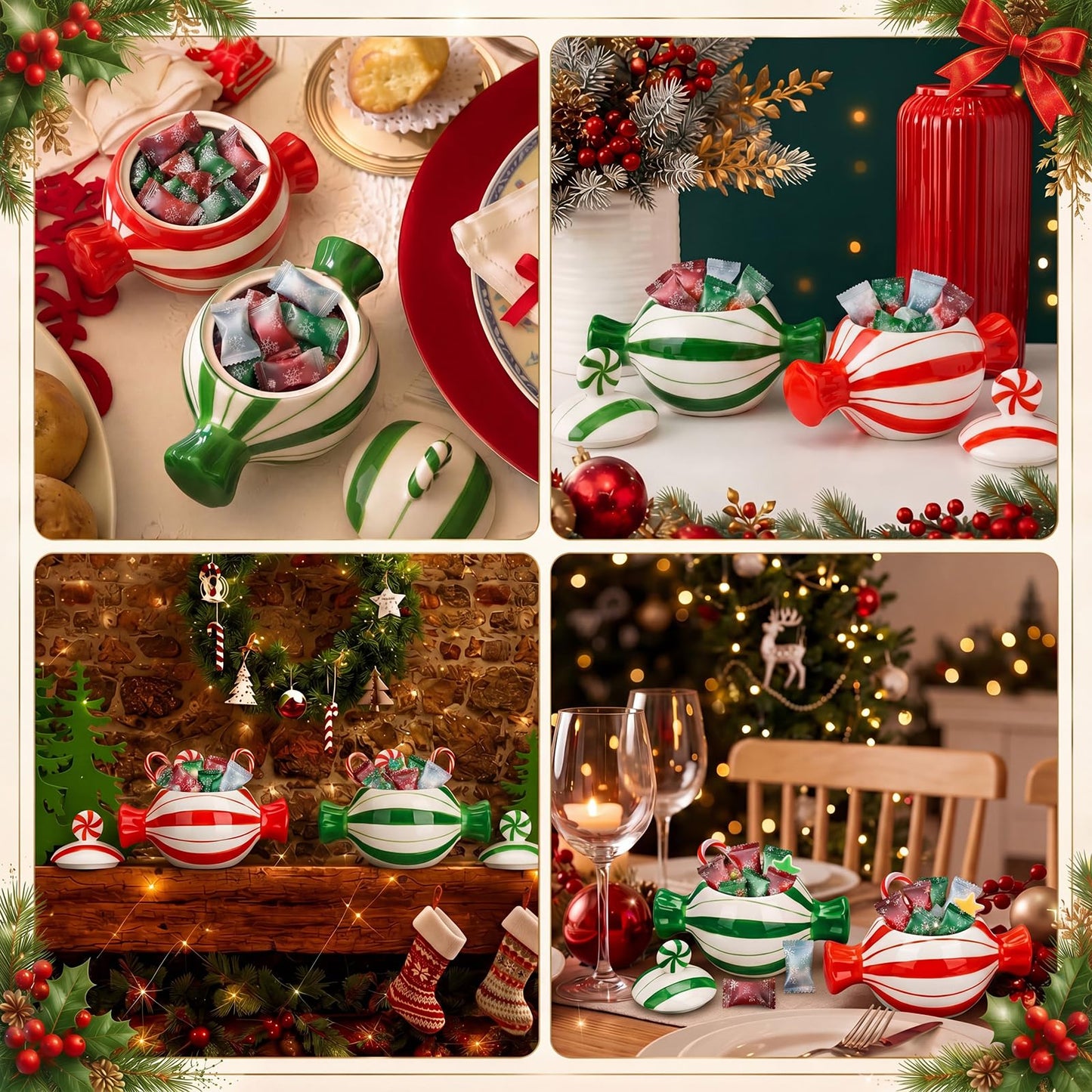Yungyan 2 Pcs Christmas Candy Jars with Lid Ceramic Christmas Cookie Jar Red and Green Xmas Decor Coffee Cookie Sugar Storage Container for Snacks Kitchen Handcrafted Holiday Centerpiece Gift