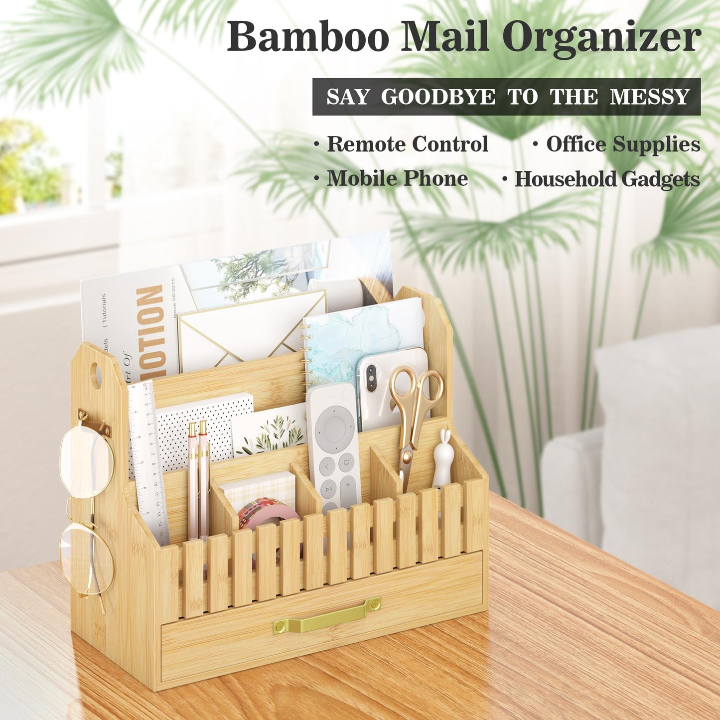 Bamboo Mail Organizer Countertop with Drawers, Wood Desk File Organizer Desktop Paper Organization Storage Bill & Letter Sorter Holder for School Home Office Supplies, No Assembly Required (Nature)