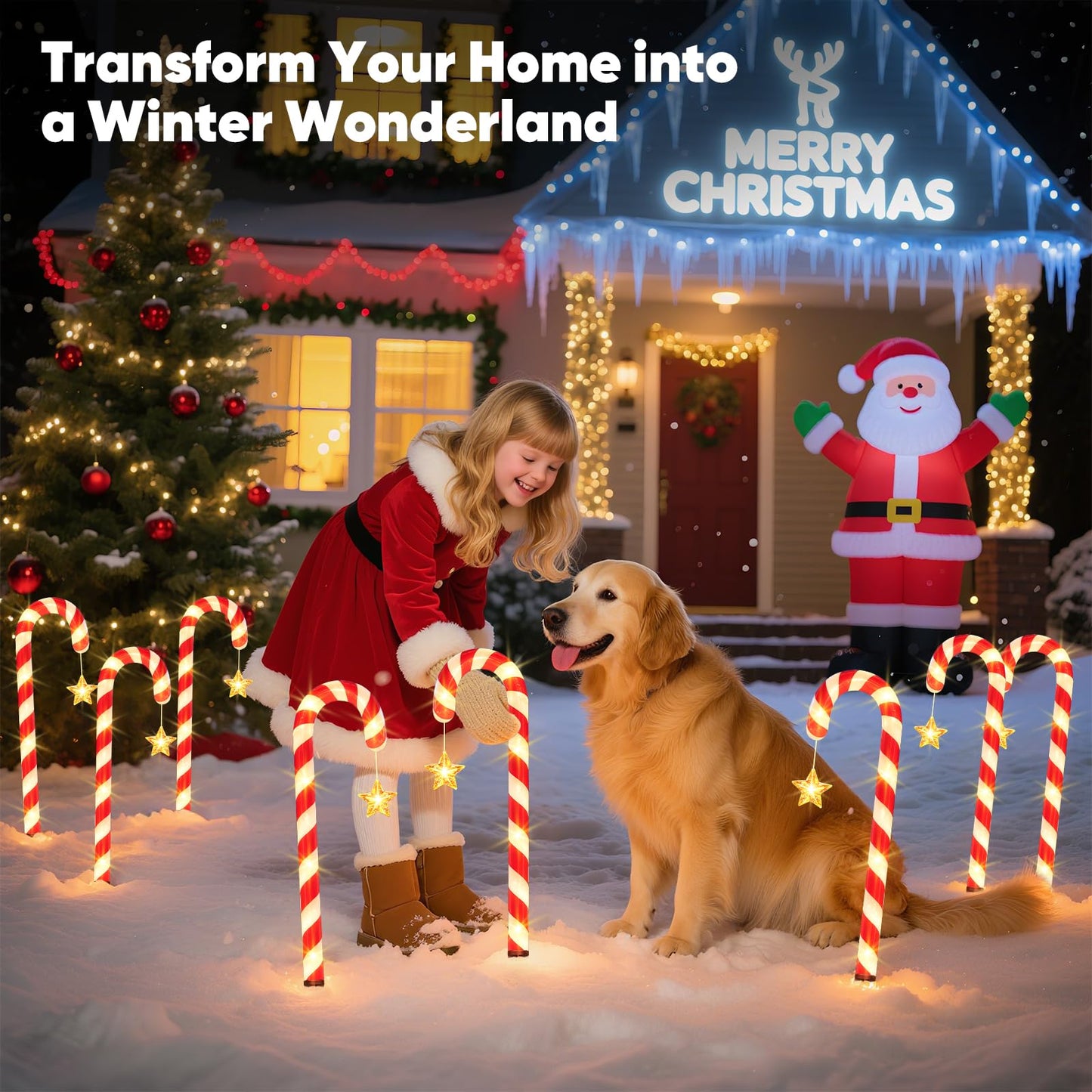 BOMIER Solar Christmas Lights Outdoor Waterproof: 24-Pack Solar Candy Cane Christmas Decorations Outdoor Pathway Lights with Stakes 10 Modes, 144 LED Xmas Decorations for Yard Garden Holiday Decor