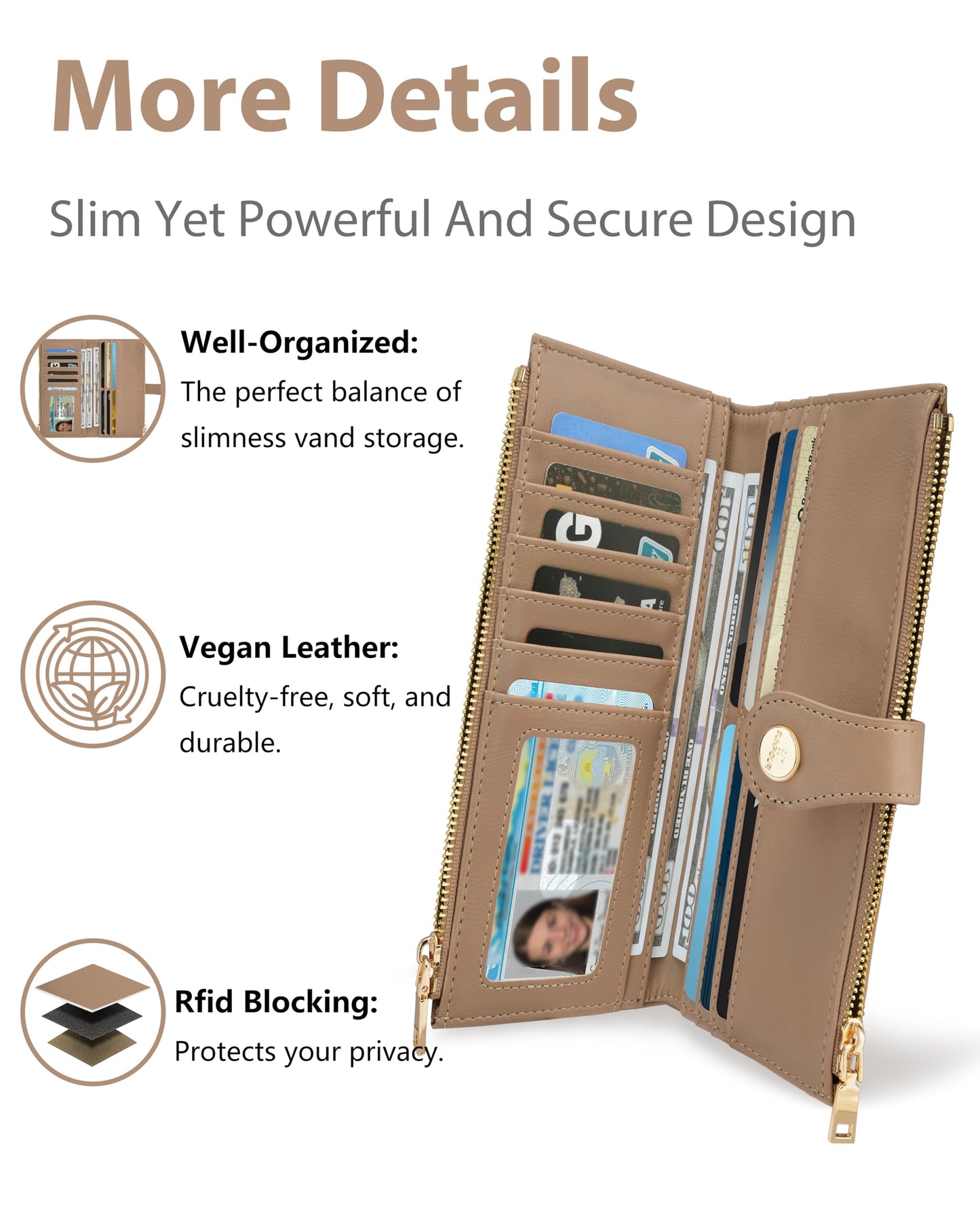 Sunpour Women’s Wallet,Thin RFID Blocking Leather Wallet for Women Credit Card Holder Travel Wallet with Zipper Pocket (Camel)