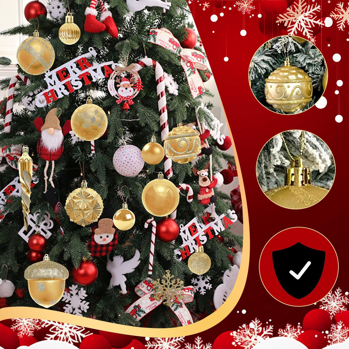 Napzy 62 Count Shatterproof Christmas Ball Ornaments Set, Golden Christmas Tree Decorations for Xmas Holiday Party Decor, Wreath and Garland Hanging Balls