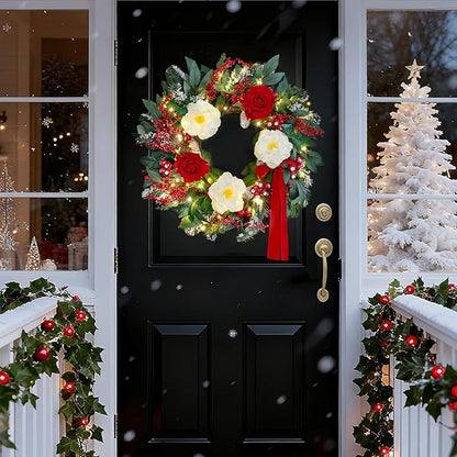 Prelit Christmas Wreaths for Front Door 24 Inch Holiday Wreath with Red Roses, White Peonies, Red Berries, Greenery & Velvet Bow Christmas Door Wreath Indoor Outdoor