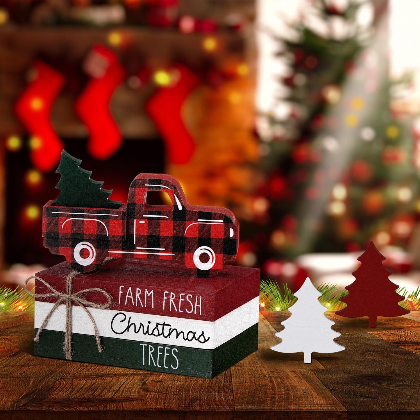 DoubleFill 7 Pcs Christmas Tiered Tray Decor Christmas Table Centerpiece Wooden Red Truck Tree Decor Block Sign 3 Faux Books Bundle with Twine for Xmas Bookshelf Farmhouse Home Party Rustic Decoration