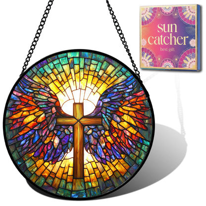 Christian Gifts for Mom - Cross Wings Faux Stained Glass Window Hanging Sun Catcher for Acrylic Home Decor Mother's Day Christmas Easter Religion Gift for Women Nana Men Grandma Wife Dad 7.8"