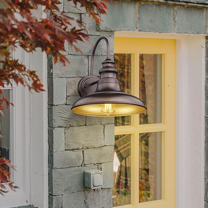 Outdoor Barn Light Fixture Farmhouse Wall Mount Light Gooseneck Wall Sconce Exterior Wall Lighting Fixture Industrial Bronze Finish Lantern for Porch with Gold Interior, 2Pack, RZ004-2PACK ORB