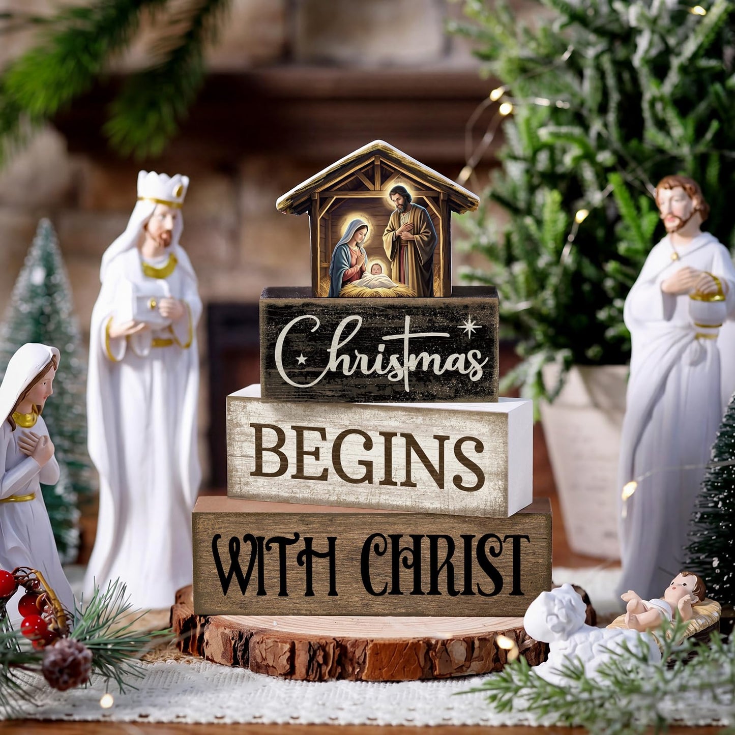 Moucuny 4 Pcs Christmas Table Decoration Christian Wooden Stacked Block Decor, Christmas Begins with Christ Signs with Nativity Scene Topper, Rustic Religious Xmas Tiered Tray Decor for Home Church