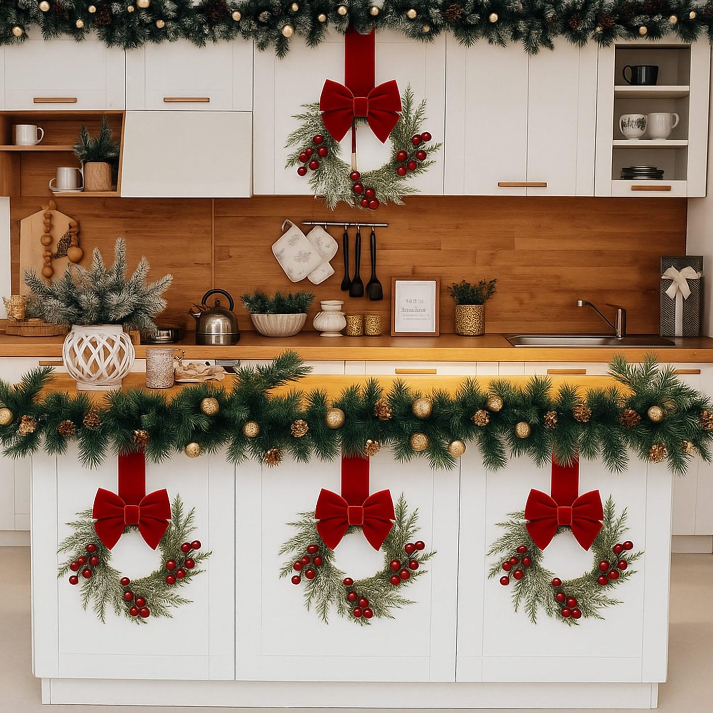12 Pieces 8" Mini Christmas Wreaths - Small for Kitchen Cabinet/Window/Front Door, Artificial Red Berries & Pinecones, Christmas Candle Rings, Table/Farmhouse Decoration (No Ribbon)