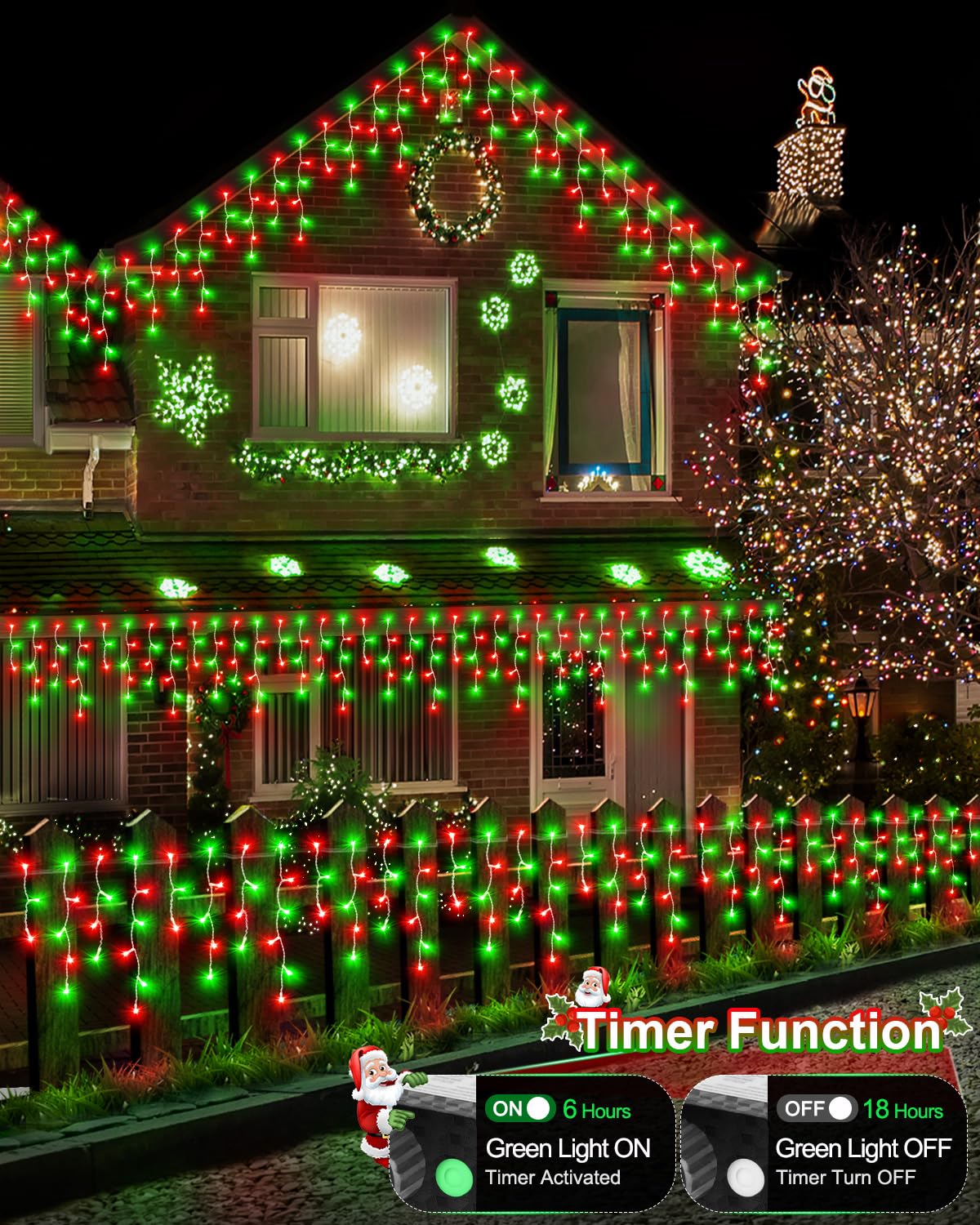 JIXXULVU Christmas Lights Outdoor Red Green, 53 FT 486 LED Christmas Lights for Outside, Timer & Memory, Plug in 8 Modes Hanging Fairy Light with 108 Drops for House Eaves Yard Patio Decorations
