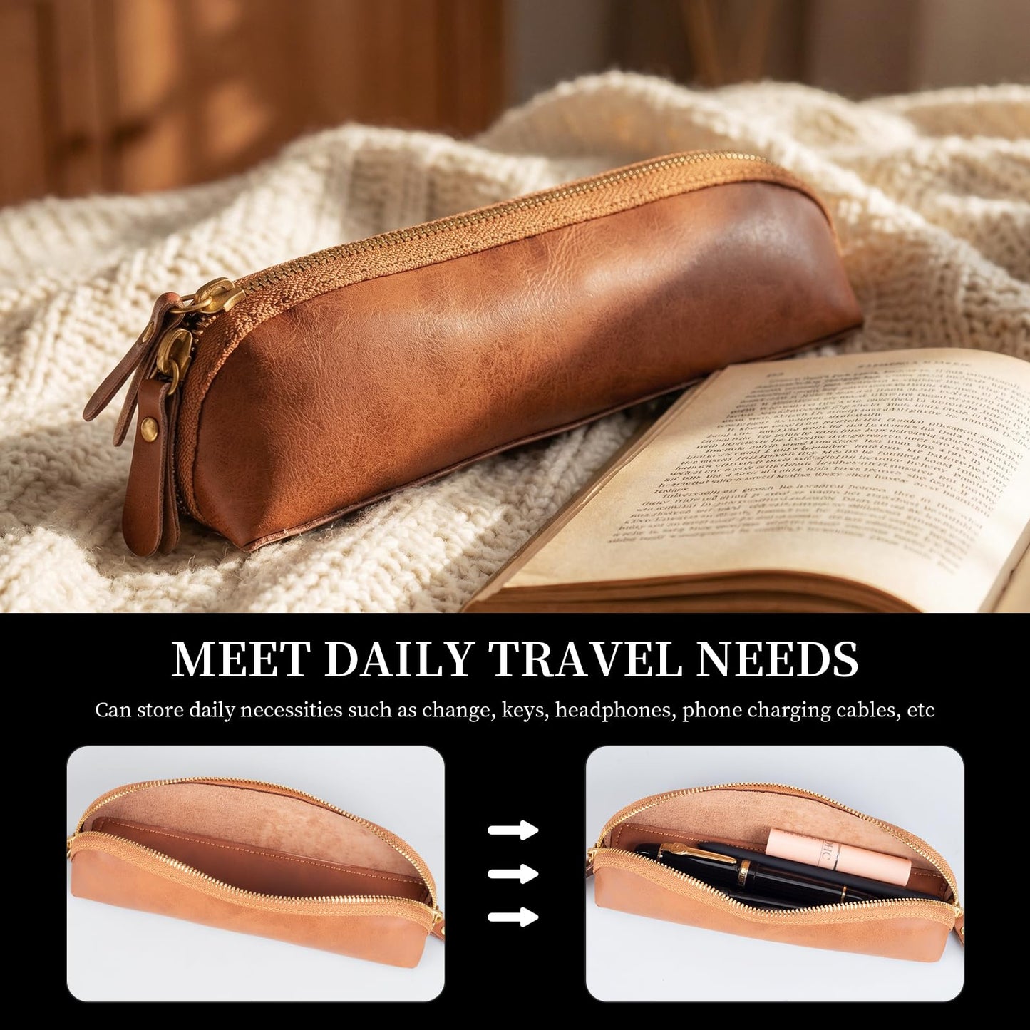 NANRUIL Pencil Case Cover Genuine Leather Pencil Pouch with Zipper Pen Sleeve Bag,Simple Sturdy Pencil Box for Men and Women.Brown
