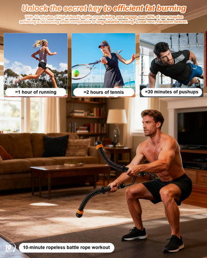 Ropeless Battle Ropes- Adjustable Portable Low-Impact Workout Equipment for Home Gym, Fitness Equipment for HIIT, Cardio & Muscle Training, Fat Burning for Men, Women & Fitness Enthusiasts (Black)